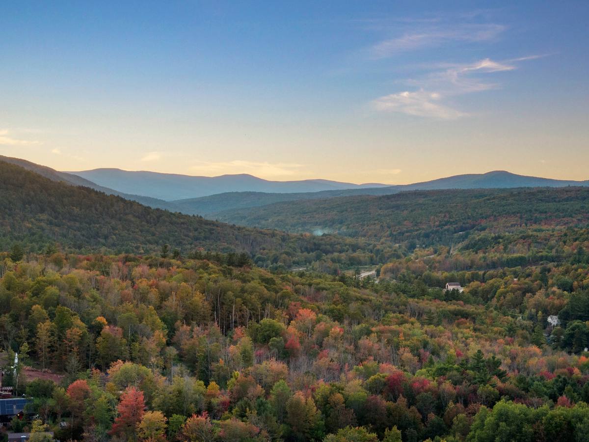 Sunset over the Catskill valley and mountain ridges